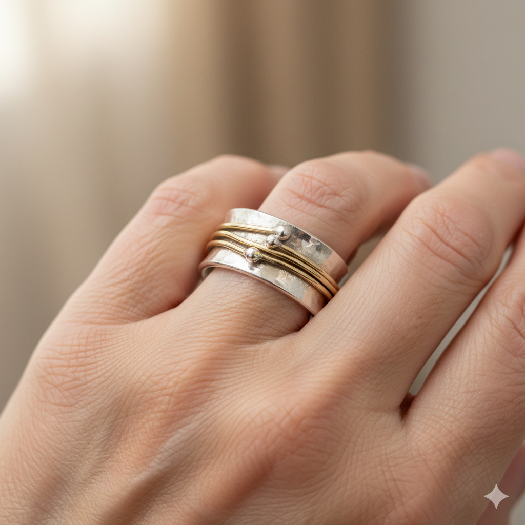 Inel Vintage Aurit cu Straturi în Argintiu