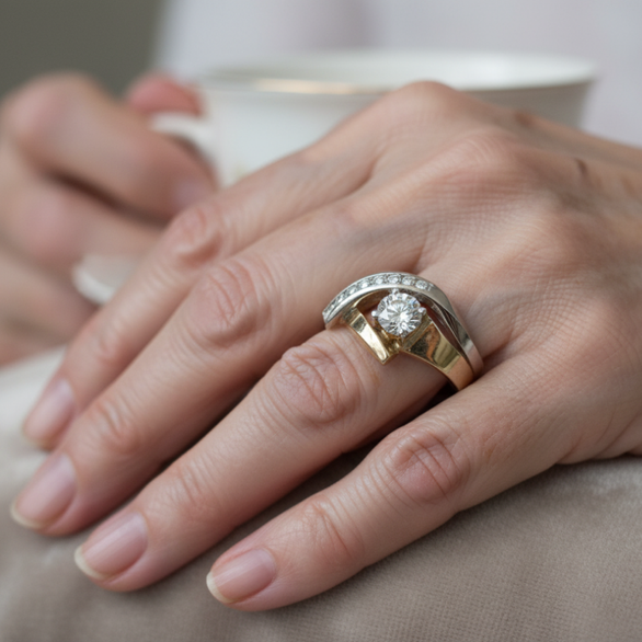 Iring Vintage Irregular în Aur și Argint cu Zirconiu