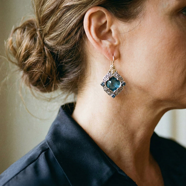 Cercei din Cristal Albastru din Aur și Argint