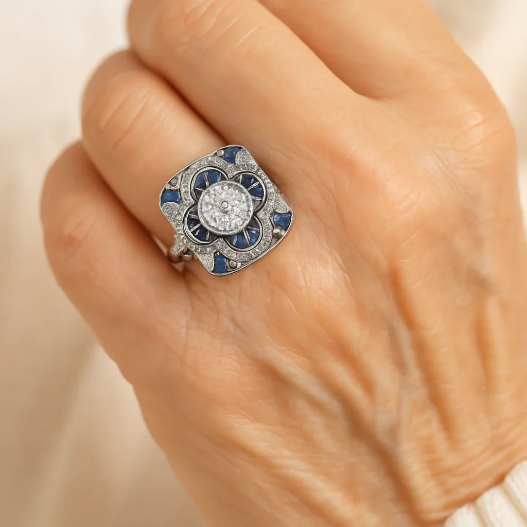 Iring Vintage Argintiu cu Zirconiu Albastru