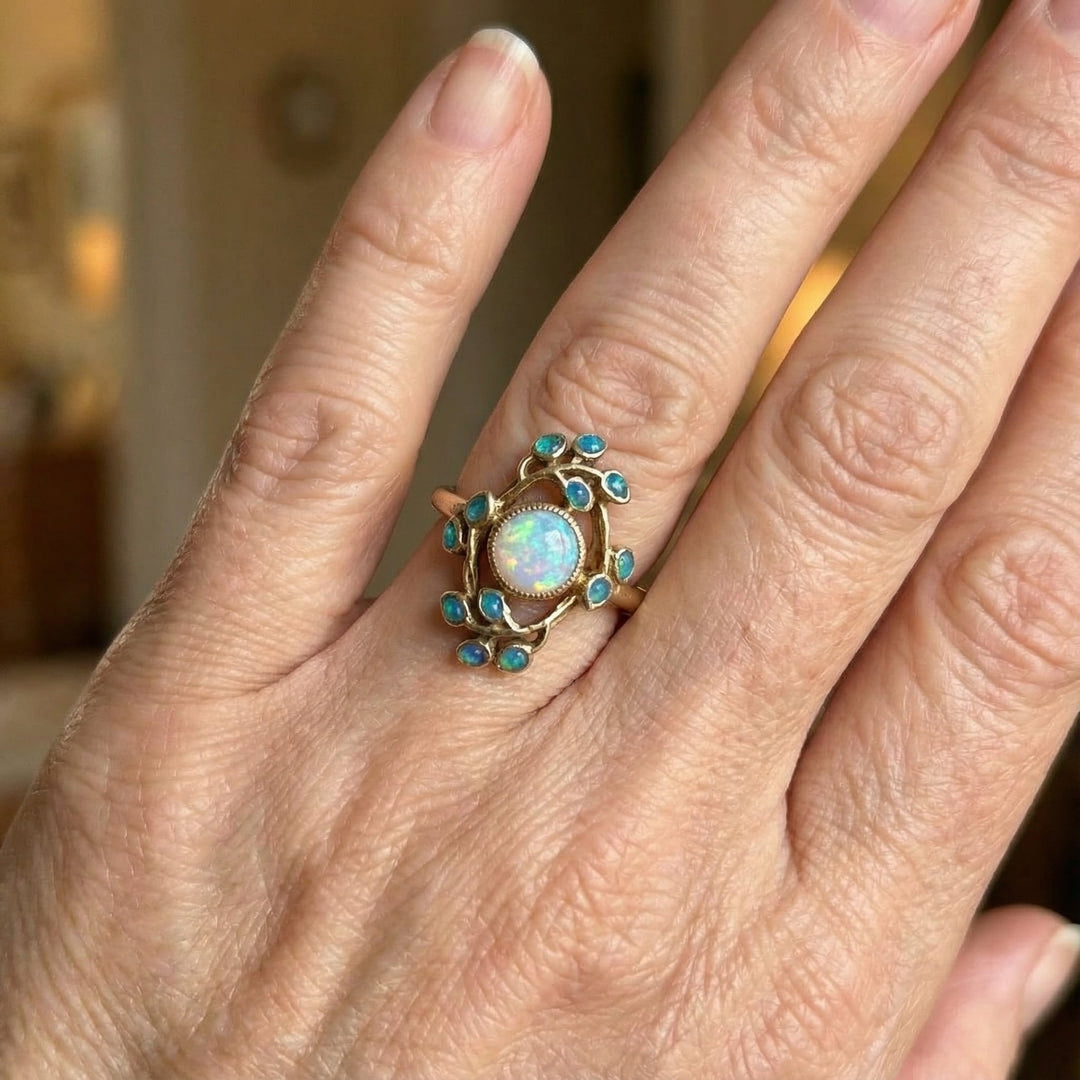 Inel Vintage Albastru cu Cristale și Opală