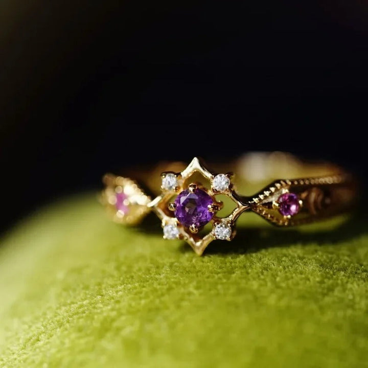 Inel Ajustabil Geometric Vintage din Aur și Cristal Violet Ametist